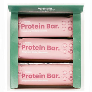 Nothing Naughty Whey Protein Bars. Box of x12 Raspberry White Chocolate Bars. Made In NZ. Sold at Stylecom.nz