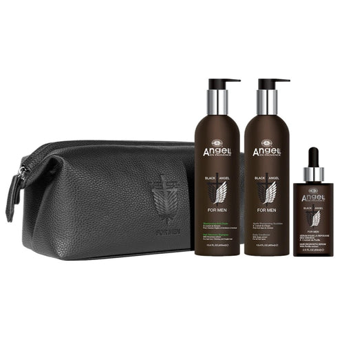 Black Angel For Men Recovery Hair Gift Set for fine and thinning hair. Set includes Shampoo, Conditioner, Hair Serum. Available at Stylecom.nz 