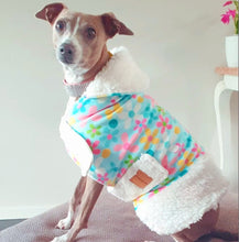 Load image into Gallery viewer, Daisy flower and sherpa dog coat. Beautiful soft, cosy and colorful dog coat from STYLECOM.NZ. Designed for small to medium sized dogs. Made In beautiful New Zealand 