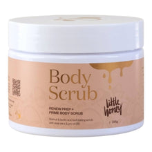 Load image into Gallery viewer, Little Honey Pre-Tan Body Scrub 295g in peach and white jar. Exfoliating body scrub to prepare skin for self tanning.