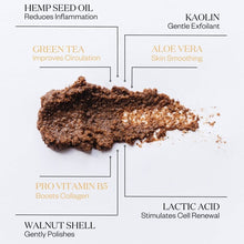 Load image into Gallery viewer, Little Honey Pre-Tan Body Scrub texture and ingredient benefits graphic featuring walnut shell, lactic acid, pro-vitamin B5, green tea and aloe vera.