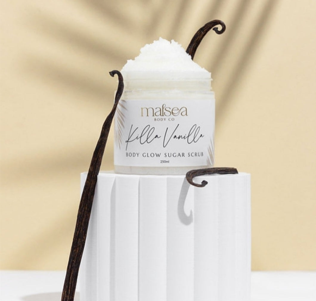 Malsea Body Co - Body Glow Sugar Sugar in the most exquisite vanilla scent. Slogs off dead skin cells leaving you with beautiful glowing and moisturised skin