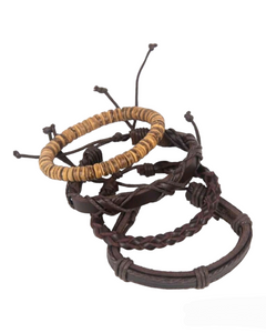 Dark Brown Leather + Coconut Shell Bracelet Set • 4 Pcs