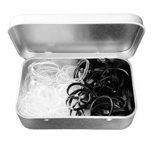 Load image into Gallery viewer, Small silver tin of x100 mixed colour  polyband hair ties to reduce friction and breakage. Available at Stylecom.nz 