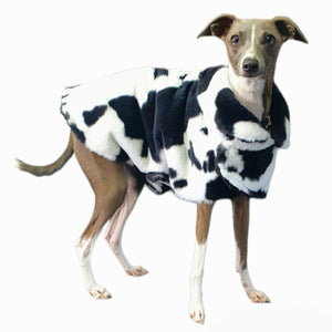 Stylecom.nz Designer Dog / Puppy Coat. The Posh Coat is a black and white fur cow pattern. Luxurious and high fashion. Made in New Zealand