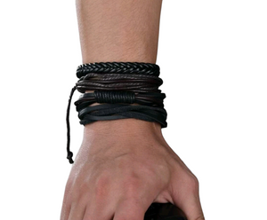 Black + Dark Brown Leather Bracelet Set • 4 Pcs