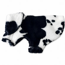 Load image into Gallery viewer, A plush luxurious dog coat for italian greyhounds, small dogs and puppies featuring a black and white cow print pattern, shown against a plain white background.