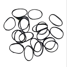 Load image into Gallery viewer, Small silver tin of x100 black polyband hair ties to reduce friction and breakage. Available at Stylecom.nz 