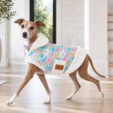Load image into Gallery viewer, Italian Greyhound wearing White Sherpa Daisy Dog Coat Walking In House | Handmade in New Zealand