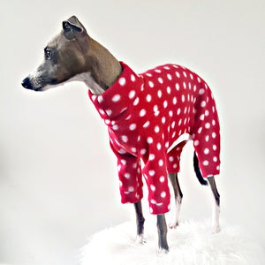 Red And White Polka Dot Dog Pjs. For Small Dogs and Puppys. Made in New Zealand by Stylecom.nz 