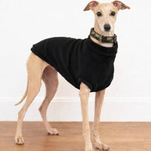 Load image into Gallery viewer, Small Italian Greyhound wearing midnight black luxe dog fleece top with no sleeves and normal collar. Warm and cosy by Stylecom.nz 
