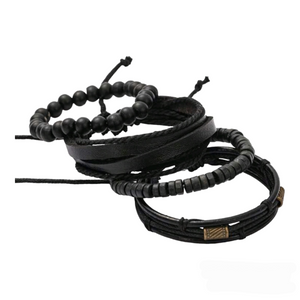 Black Leather + Wood Bead Bracelet Set • 4 Pcs