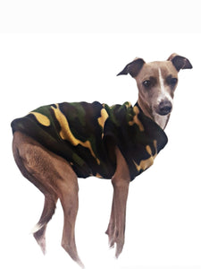 Stylecom.nz Designer Dog  Camouflage Fleece Top. Soft and warm. Made in New Zealand.