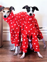 Stylecom.nz Red Polka Dot Dog Pajamas PJs Onesie. Size L. Made in NZ. Warm stretch polar fleece