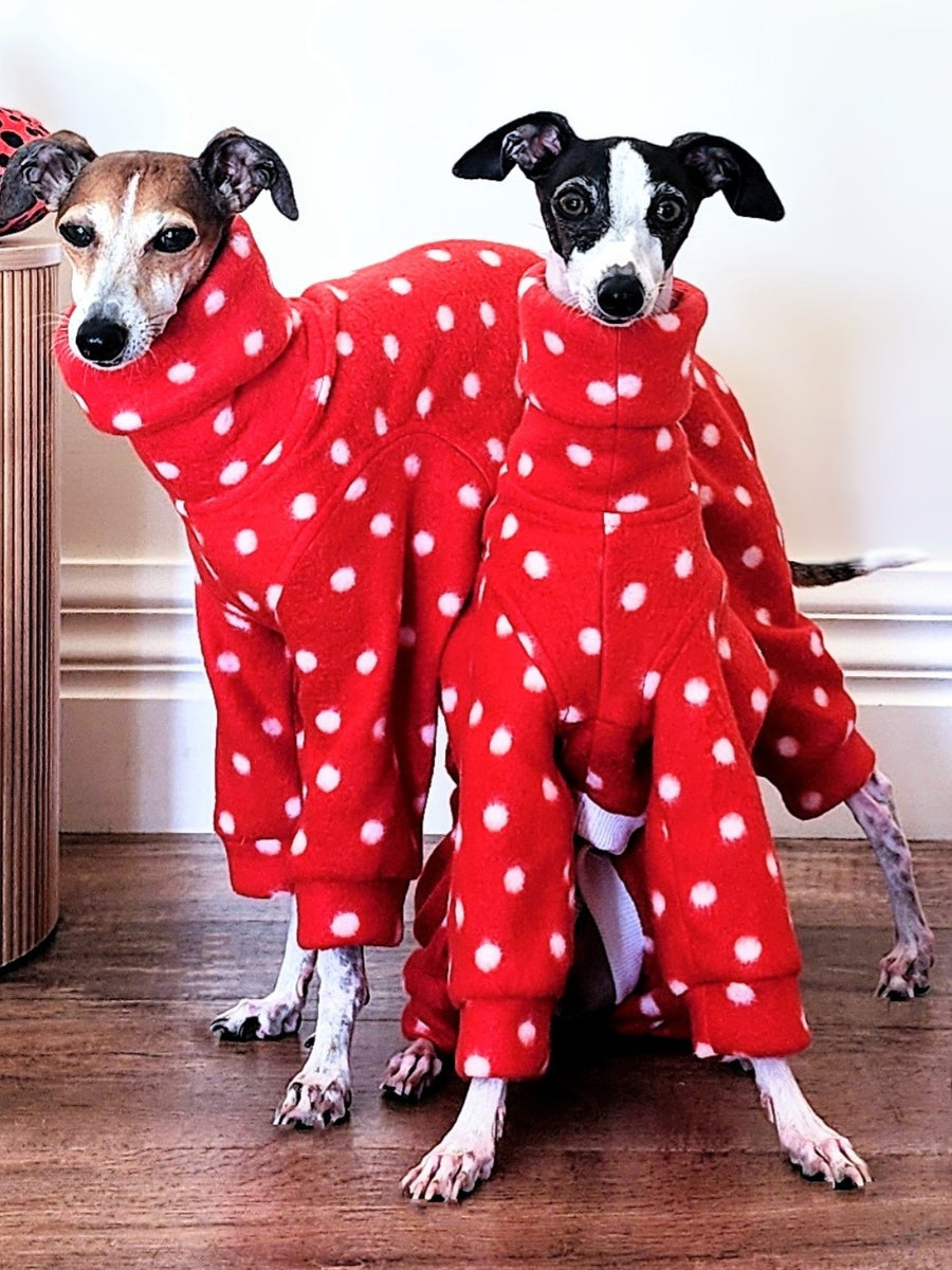 Stylecom.nz Red Polka Dot Dog Pajamas PJs Onesie. Size L. Made in NZ. Warm stretch polar fleece