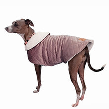 Load image into Gallery viewer, Side view of dusty pink velvet sherpa coat designed for Italian Greyhounds and small dogs