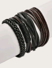 Load image into Gallery viewer, Black + Dark Brown Leather Bracelet Set • 4 Pcs