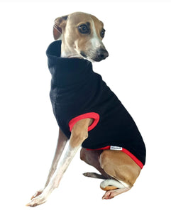 Stylecom.nz Small Dog Top - warm black fleece with red trim. Stylish and versatile