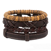 Load image into Gallery viewer, Dark Brown Leather + Coconut Shell Bracelet Set • 4 Pcs
