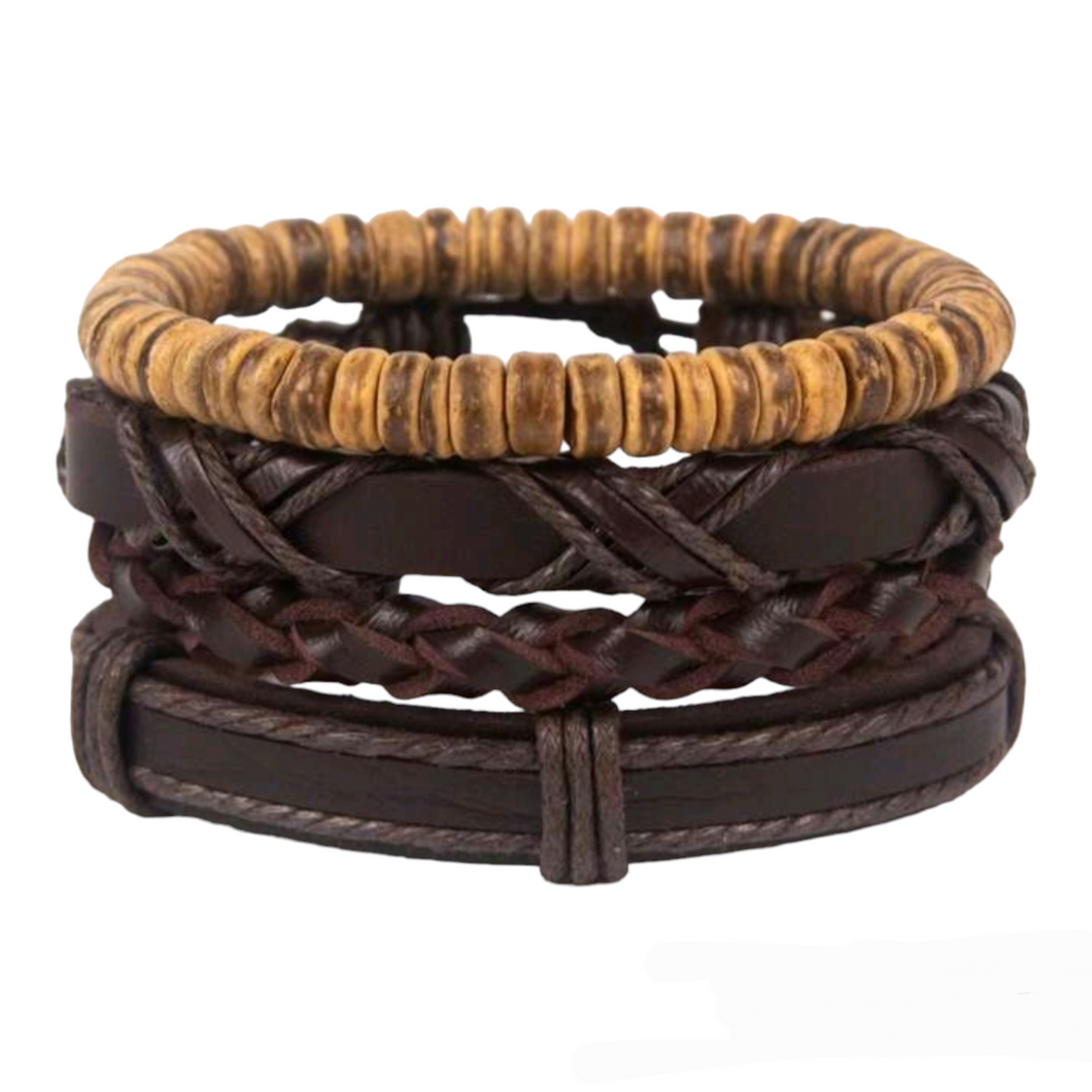 Dark Brown Leather + Coconut Shell Bracelet Set • 4 Pcs