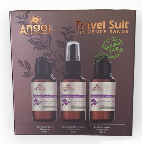 Angel En Provence Trio Travel Set. Iris Restorative For All Hair Types. Shampoo, Conditioner,  Leave in Spray. All 80mls
