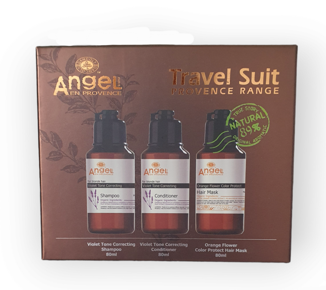 Angel En Provence Mini Trio Travel Set 80mls • Lacender Violet Toning Shampoo, Conditioner, Mask.Lavender Violet Toning Range Is Designed For Blonde & Bronde Hair. Helps Eliminate Yellow Brassy Tones From The Hair. Can Used On Grey Hair To Remove Yellow Deposits.

Perfect for travelling, gym, gift or simply just to try the range without buying full size bottles.

Boxed Trio Set:

x1 Lavender Violet Toning Shampoo 80ml

x1 Lavender Violet Toning Conditioner 80ml

x1 Orange Flower Treatment Mask 80ml

