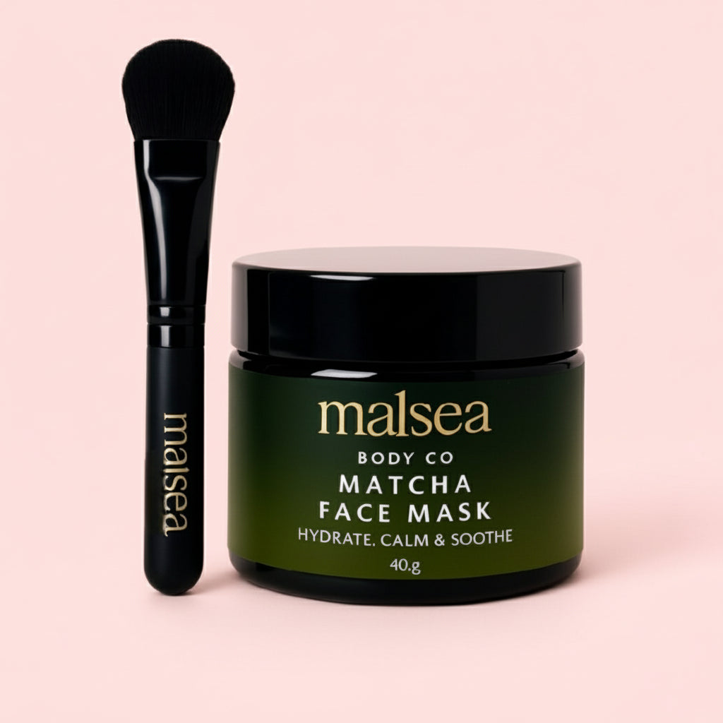 Malsea Matcha Face Mask jar with a brush on a white background. Bundle set save. Available at Stylecom.nz 