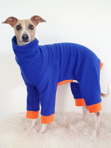 Stylecom.nz Blue + orange fleece dog pajamas. Made In New Zealand. Size Large 45cm. 