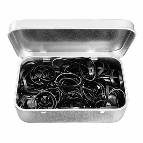 Small silver tin of x100 black polyband hair ties to reduce friction and breakage. Available at Stylecom.nz 