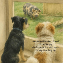 Load image into Gallery viewer, Two dogs looking at a pig through a window. Snipet from Turbo Joins The Pack Childrens Picture Book. NZ Author Kimba Allison. Available at Stylecom.nz 