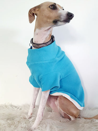Bright blue with white trim dog top with short sleeves. Super soft and comfy polar fleece. Medium weight fleece. Has a wide neckline for non restricting comfort. Available Stylecom.nz 