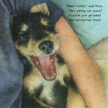 Load image into Gallery viewer, Illustration of a yawning puppy Turbo being petted from his new family. Snipet from Turbo Joins The Pack Childrens Book. NZ Author Kimba Allison. Available at Stylecom.nz 