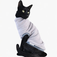 Load image into Gallery viewer, Black cat wearing a gray fleece sweater on a white background. Cloud Grey Luxe Dog &amp; Cat Fleece Top NZ | STYLECOM.NZ