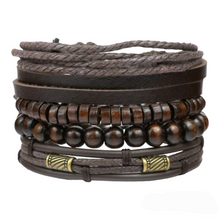 Load image into Gallery viewer, Dark Brown Leather + Wood Bead Bracelet Set • 4 Pcs