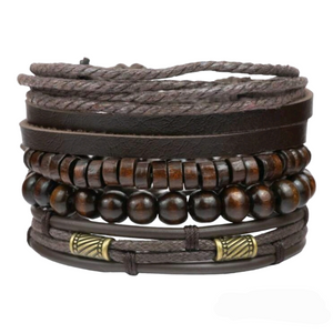 Dark Brown Leather + Wood Bead Bracelet Set • 4 Pcs