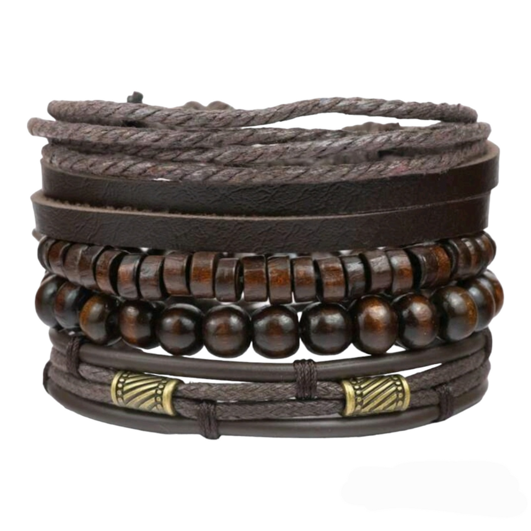 Dark Brown Leather + Wood Bead Bracelet Set • 4 Pcs