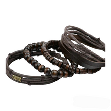 Load image into Gallery viewer, Dark Brown Leather + Wood Bead Bracelet Set • 4 Pcs