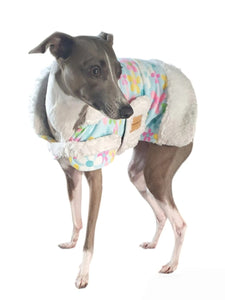 Stylecom.nz Designer Daisy And Sherpa Dog Coat Jacket. Made in New Zealand for small dogs