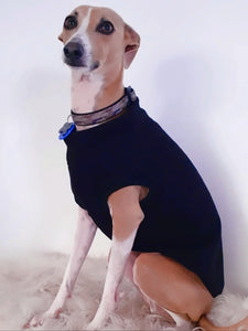 Stylecom.nz black fleece sleeveless, wide neck dog top. Approx 44cm in length. Can also be worn underneath coats or harnesses for added warmth.
