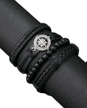 Load image into Gallery viewer, Black Leather Compass Bracelet Set • 4 Pcs