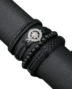 Black Leather Compass Bracelet Set • 4 Pcs