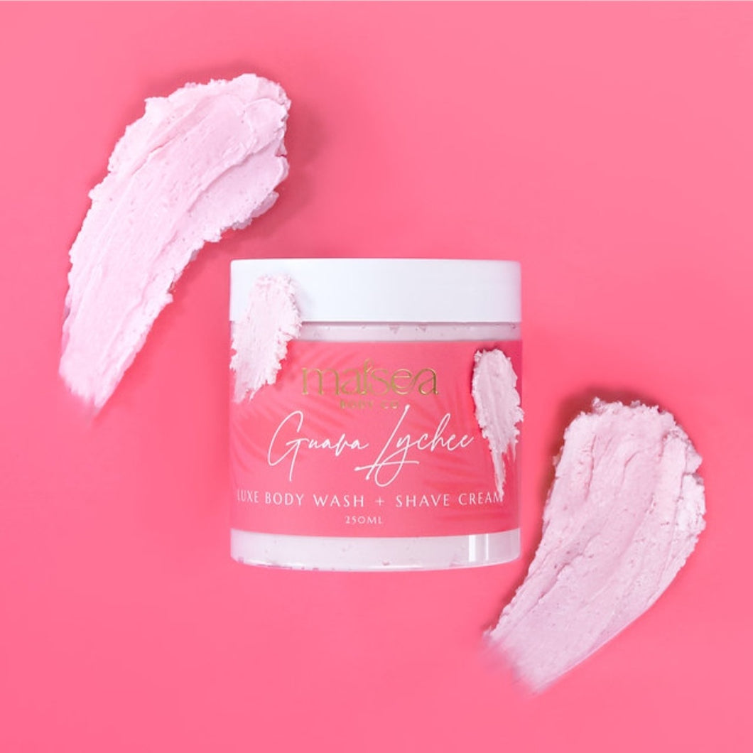 Jar of 'Guava  Lychee' body wash and shave cream with pink cream swatches on a pink background. Available at Stylecom.nz 
