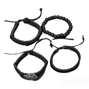 Black Leather Compass Bracelet Set • 4 Pcs