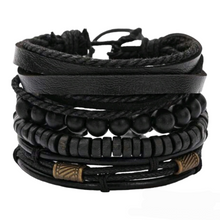 Load image into Gallery viewer, Black Leather + Wood Bead Bracelet Set • 4 Pcs
