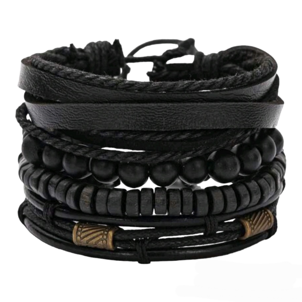 Black Leather + Wood Bead Bracelet Set • 4 Pcs