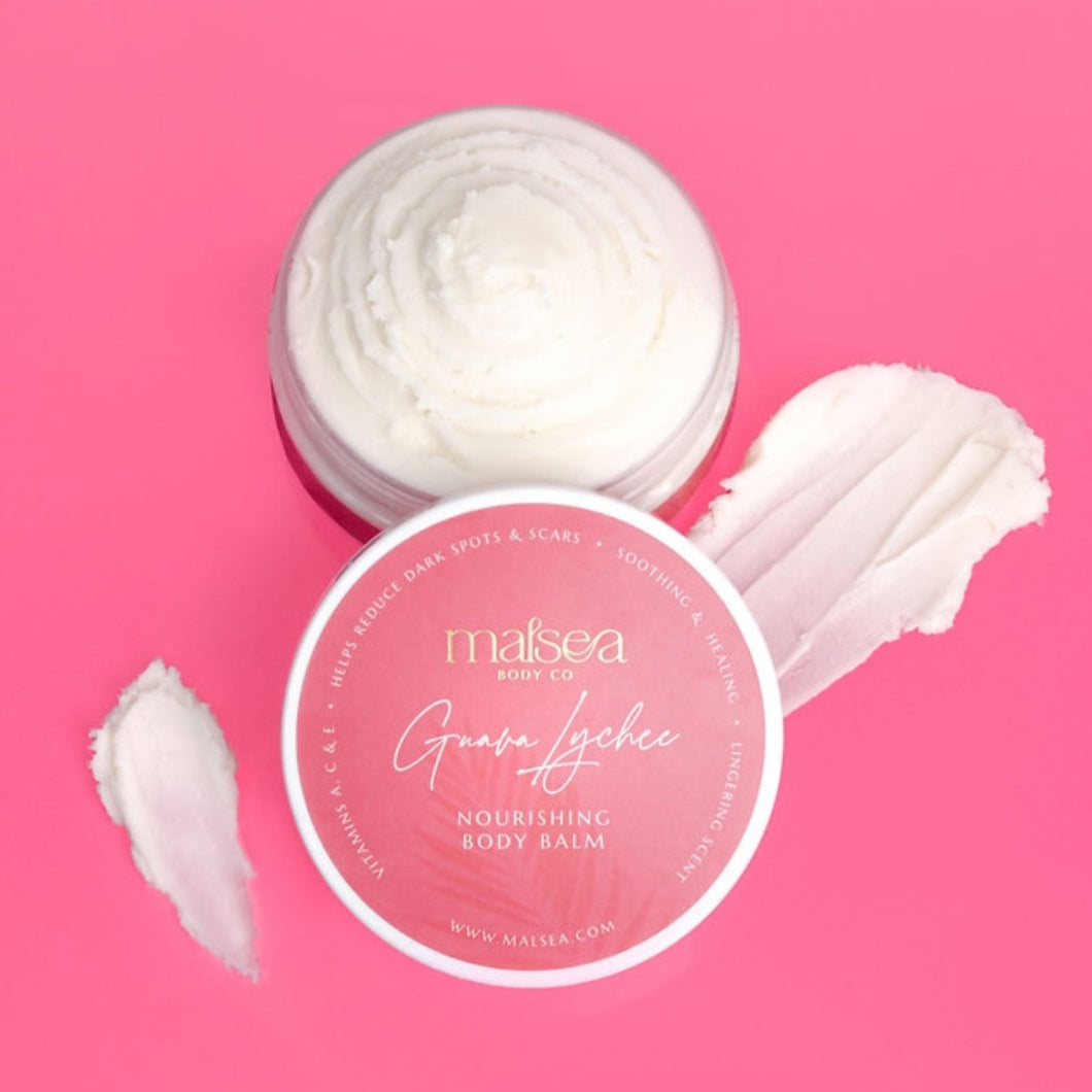 Malsea Guava Lychee nourishing body balm on a pink background.  Available at Stylecom.nz 