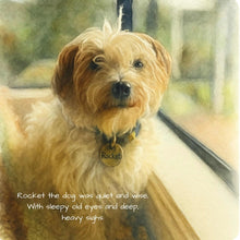Load image into Gallery viewer, Illustration of a dog named Rocket looking out a window. Snipet from Turbo Joins The Pack Childrens Book. NZ Author Kimba Allison. Available at Stylecom.nz 