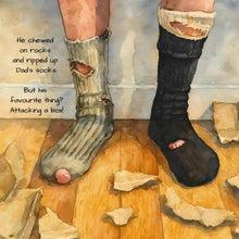 Load image into Gallery viewer, Illustration of torn chewed socks from Turbo the puppy. Snipet from Turbo Joins The Pack Childrens Book. NZ Author Kimba Allison. Available at Stylecom.nz 