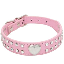 Load image into Gallery viewer, Pink dog collar with heart-shaped buckle and rhinestone embellishments on a white background. For Small Dog Breeds. Available at Stylecom 