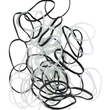 Load image into Gallery viewer, Small silver tin of x100 mixed colour polyband hair ties to reduce friction and breakage. Available at Stylecom.nz 